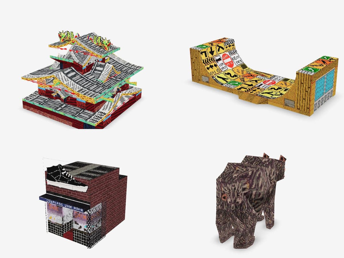 3D models by Zack Goulet: a castle, a skate ramp, a shoe store and a bear